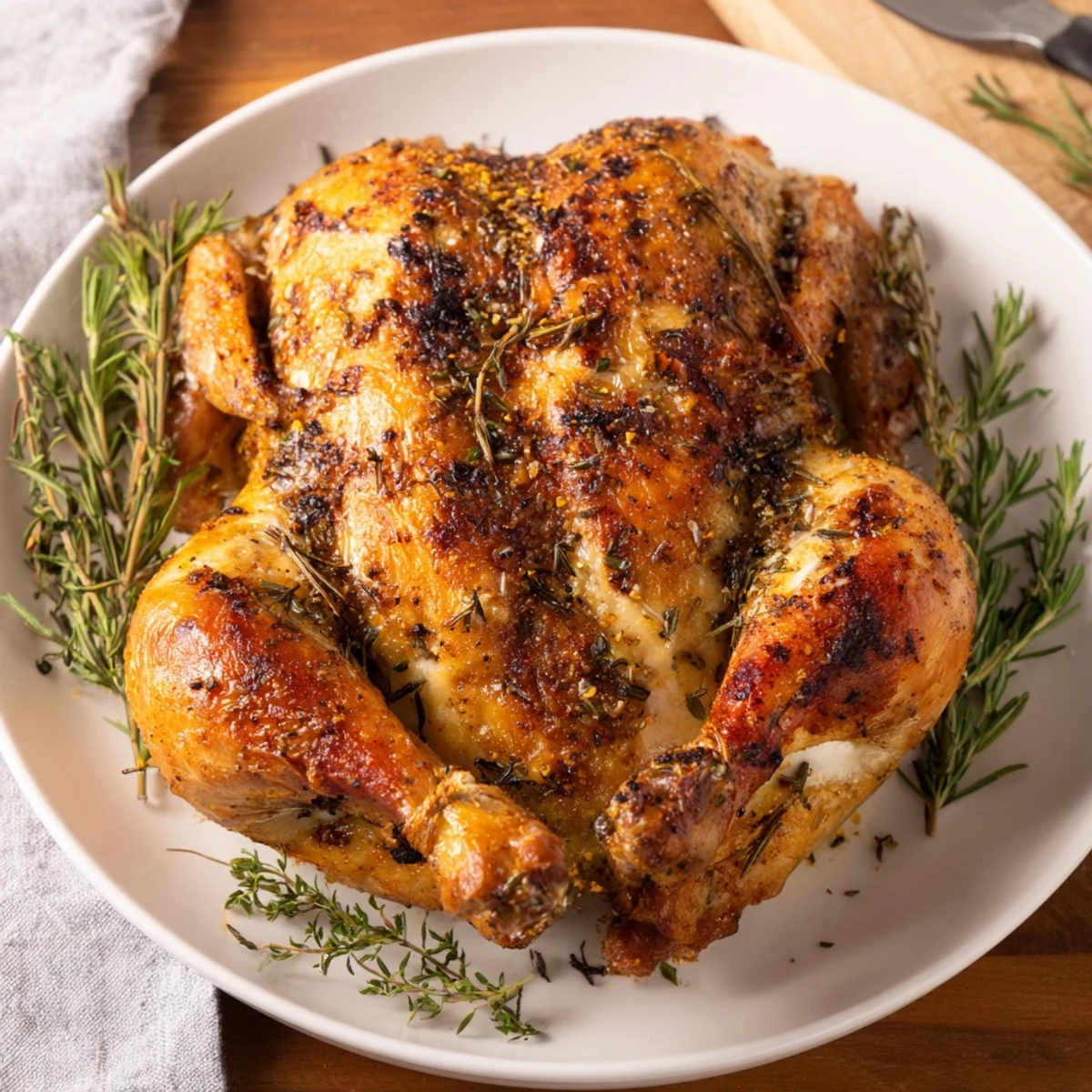 Slices of Buttermilk Roasted Chicken steaming, fragrant lemon and thyme garnish
