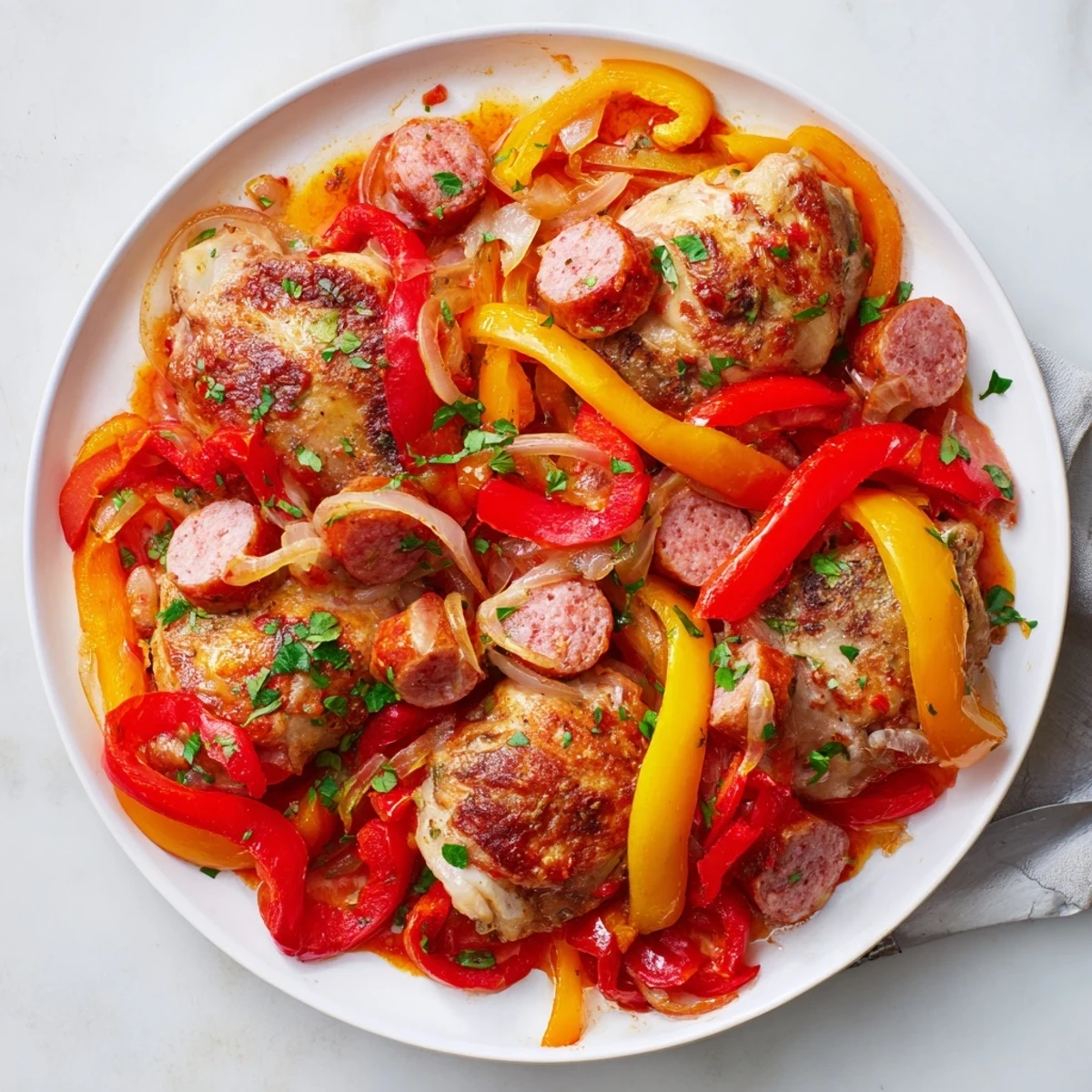 Golden chicken scarpariello nestled with colorful bell peppers and savory sausage in rich tomato sauce