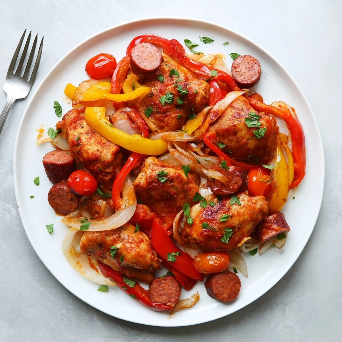 Sizzling chicken scarpariello simmering with sweet peppers and spicy sausage pieces in a rustic skillet