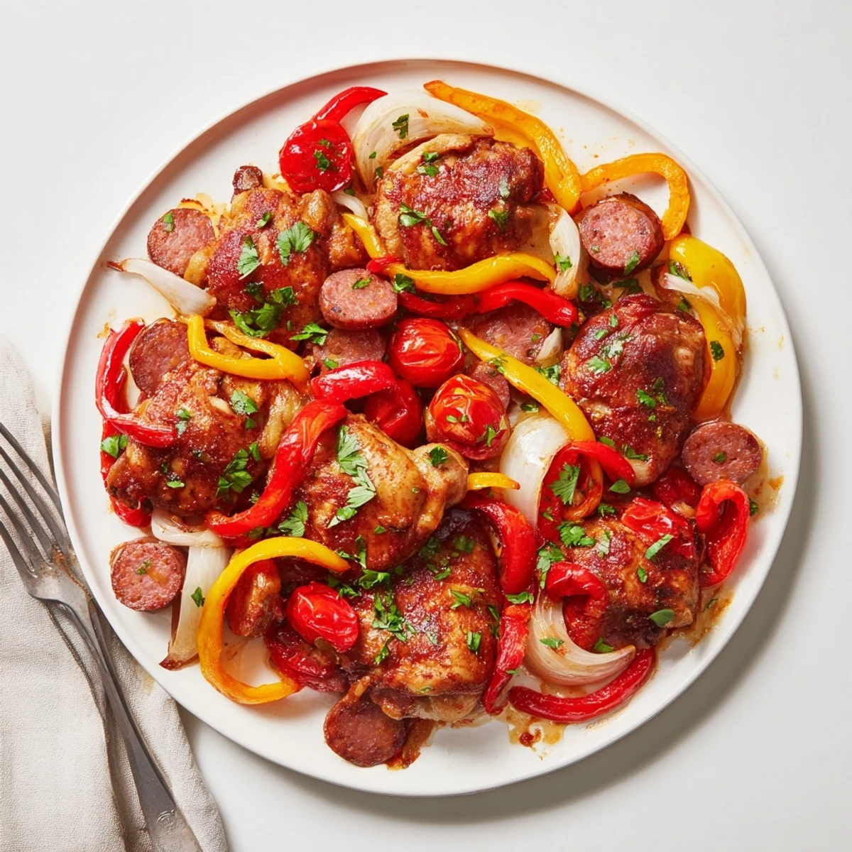 Tender chicken scarpariello served with vibrant roasted peppers and crumbled sausage over herb-garnished sauce