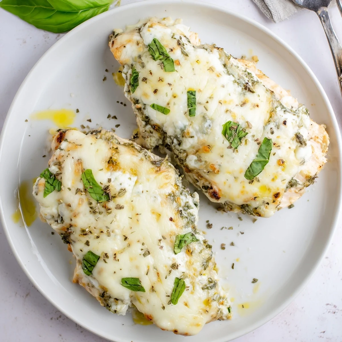 Creamy ricotta stuffed chicken breast with golden bubbling cheese on a white plate