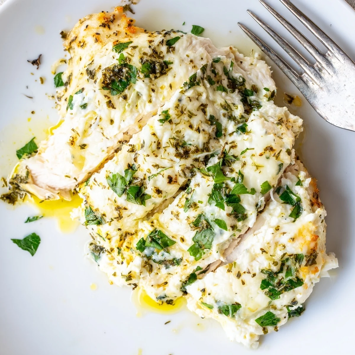 Golden baked ricotta chicken breasts topped with melted mozzarella and fresh herbs