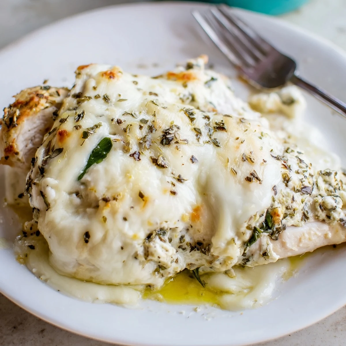 Tender baked ricotta chicken with herb cheese topping and fresh parsley garnish
