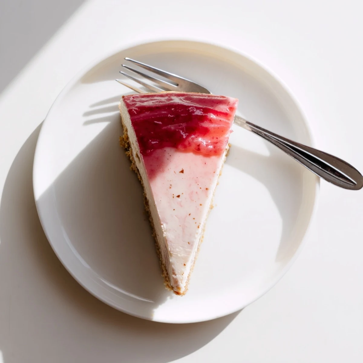 Tropical guava cheesecake recipe showing smooth white filling topped with glossy red guava sauce