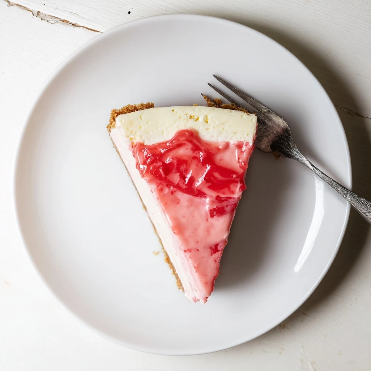Creamy guava cheesecake slice with vibrant pink guava glaze topping on graham cracker crust
