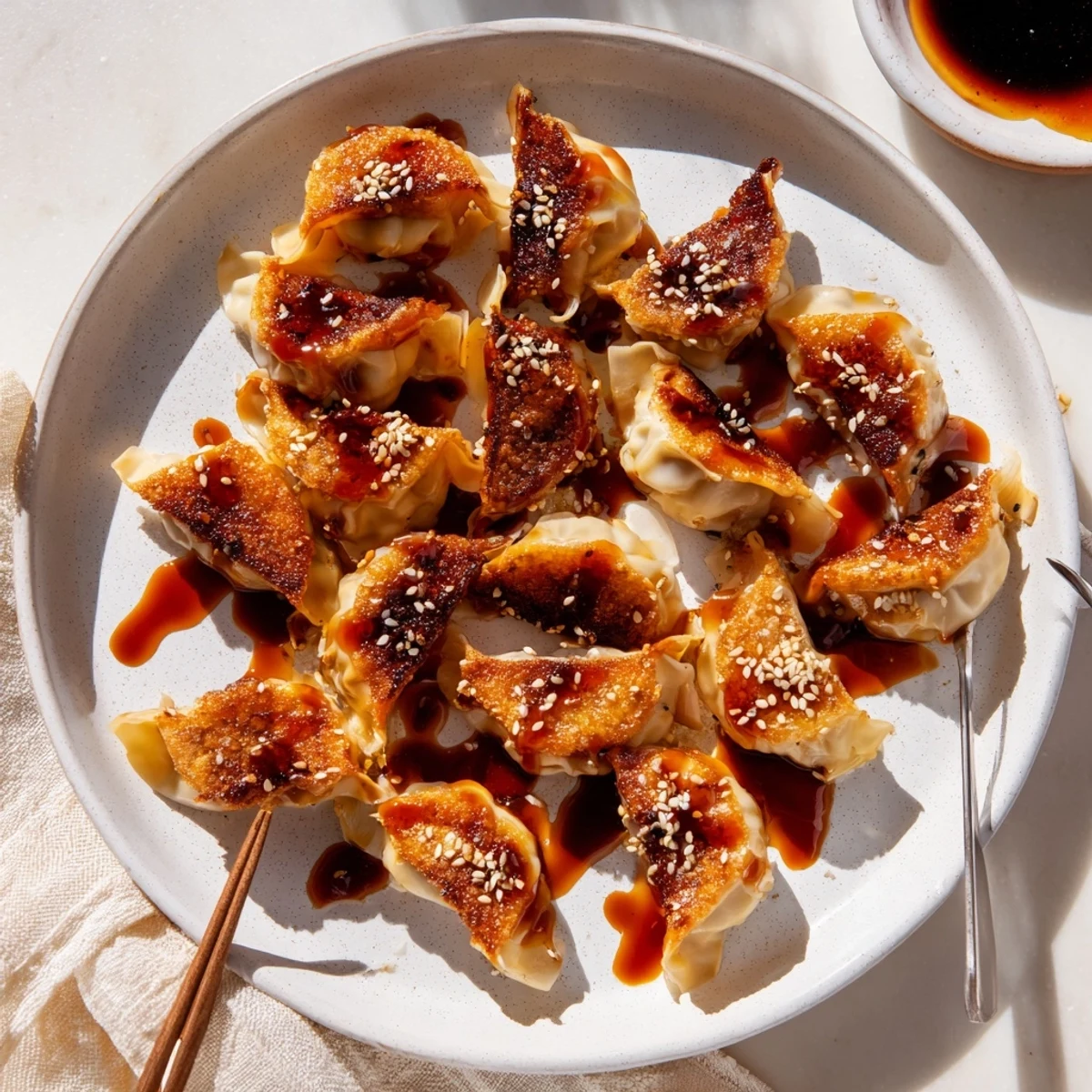 Crispy Korean beef dumplings plated with rich red pepper sauce and garnished with toasted sesame