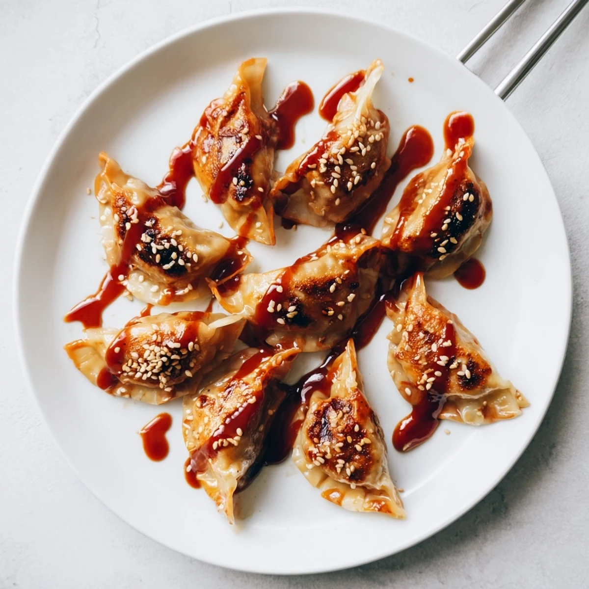 Golden crispy pan-fried beef mandu drizzled with glossy sweet-spicy gochujang glaze and sesame seeds
