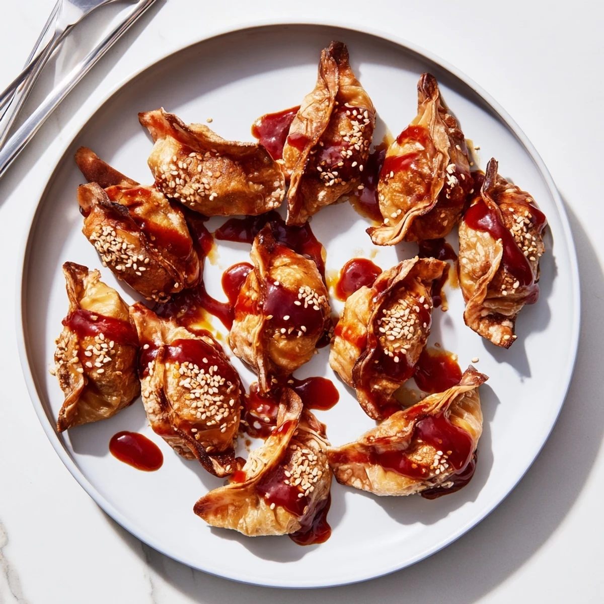 Pan-fried beef mandu featuring golden brown pleated wrappers coated in sticky gochujang honey glaze