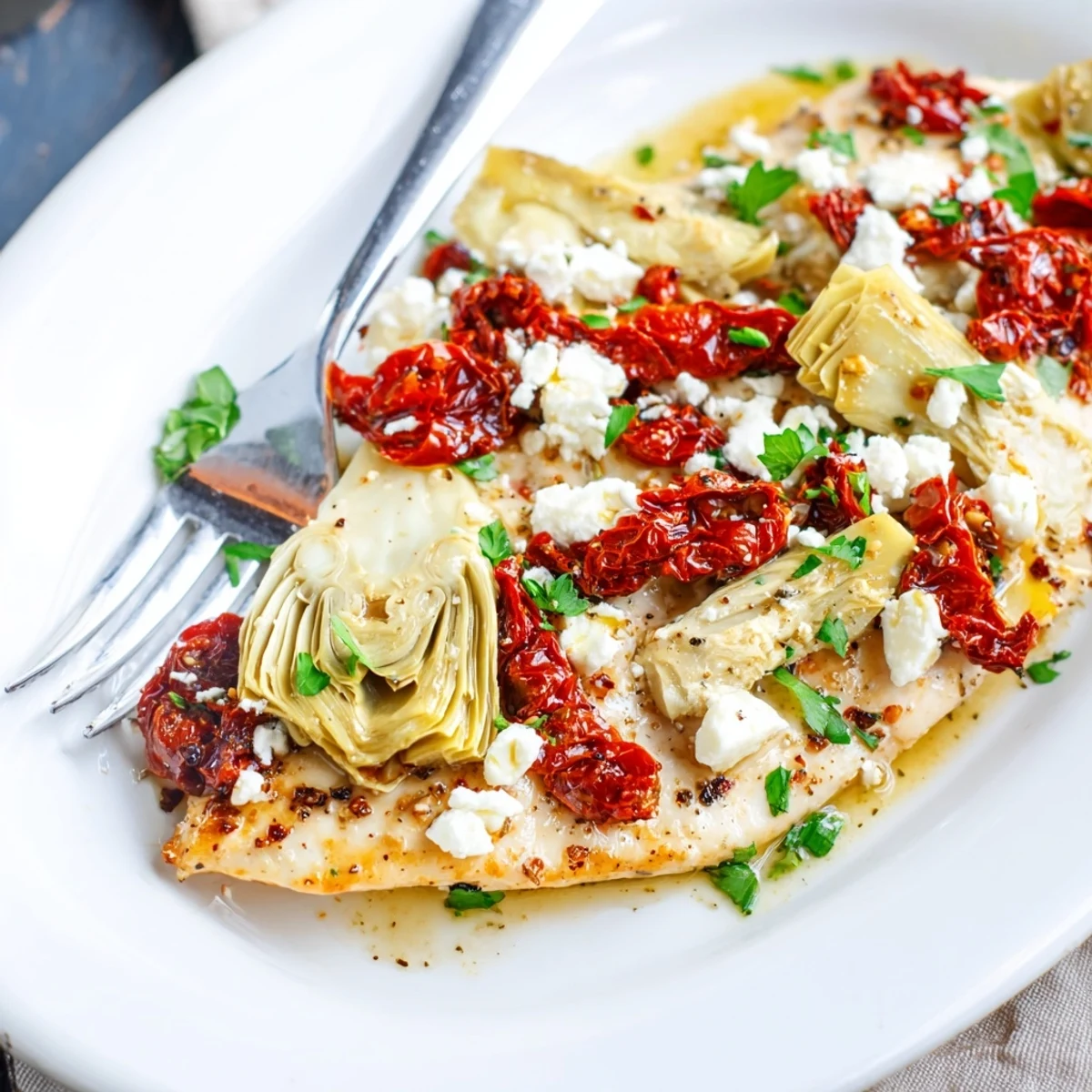 Golden broiled artichoke chicken with feta featuring sun-dried tomatoes and fresh parsley