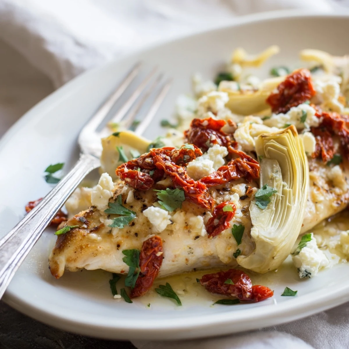 Mediterranean-style broiled artichoke chicken topped with melted feta and quartered artichoke hearts