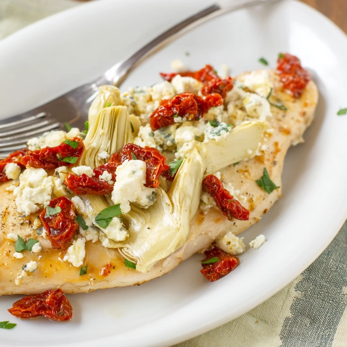 Juicy chicken breasts broiled with tangy feta, artichokes, and sun-dried tomatoes