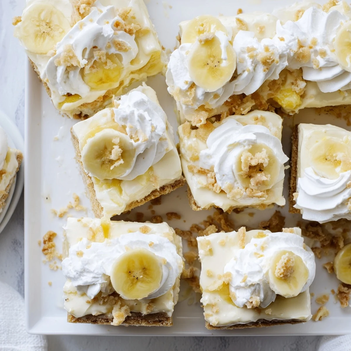 Golden banana pudding cheesecake squares with whipped cream topping and vanilla wafer crumb crust