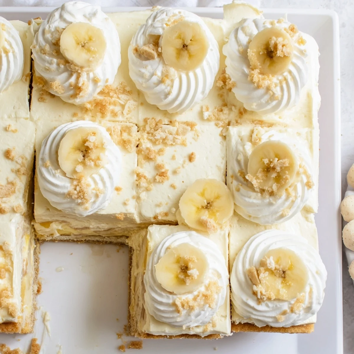 Creamy banana layered cheesecake bars garnished with fresh banana slices and fluffy white whipped topping