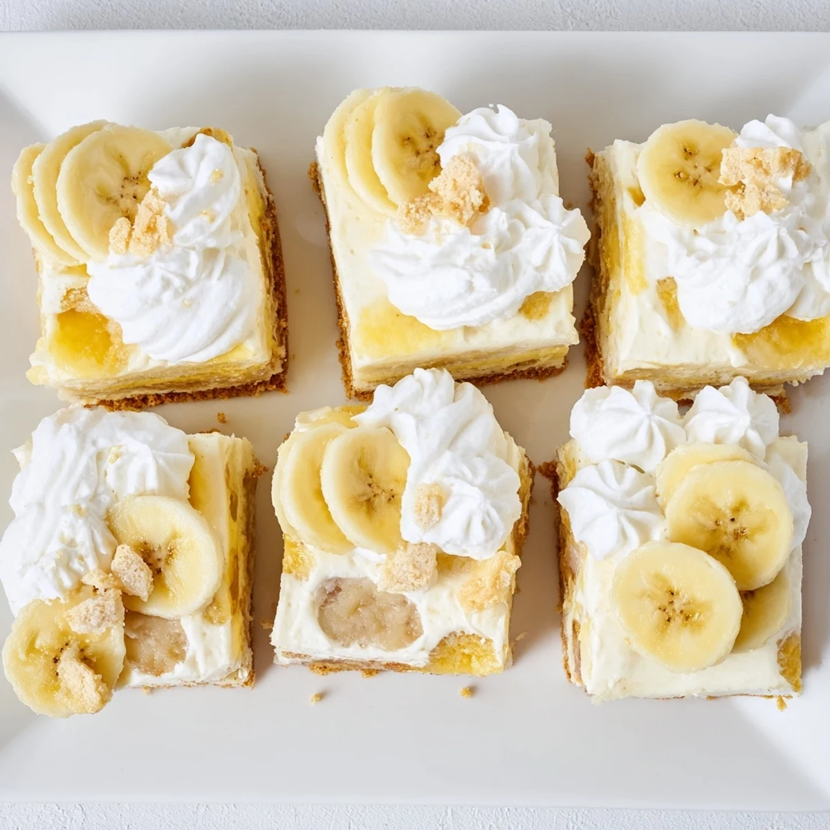 Decadent banana pudding cheesecake squares featuring vanilla cookie crust topped with sweetened whipped cream
