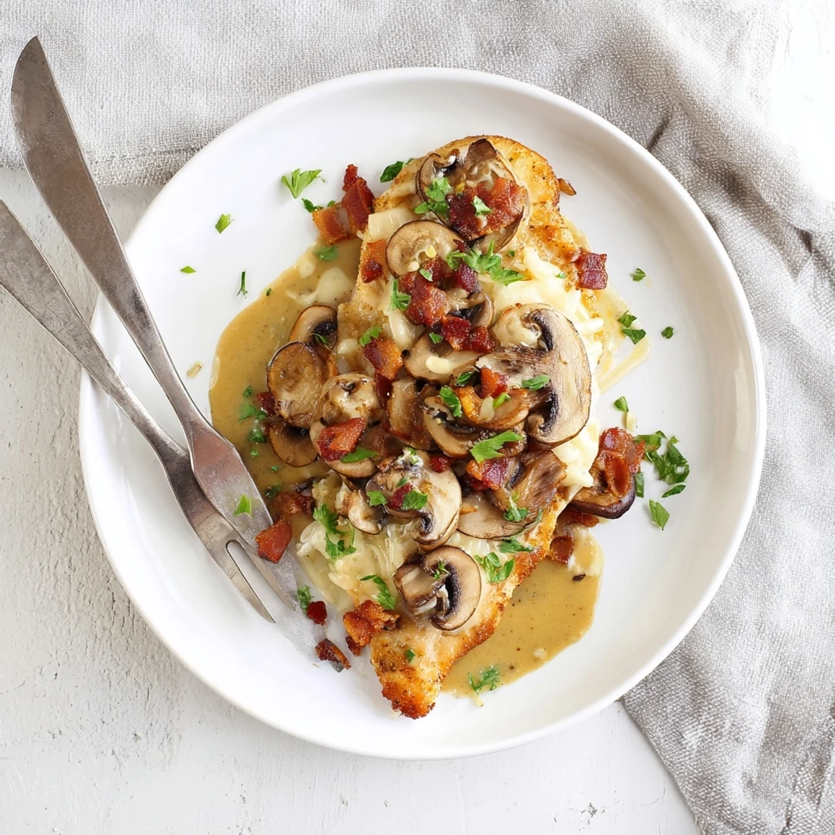 Golden brown Alice Springs Chicken topped with melted cheese, crispy bacon, and sautéed mushrooms on a white plate
