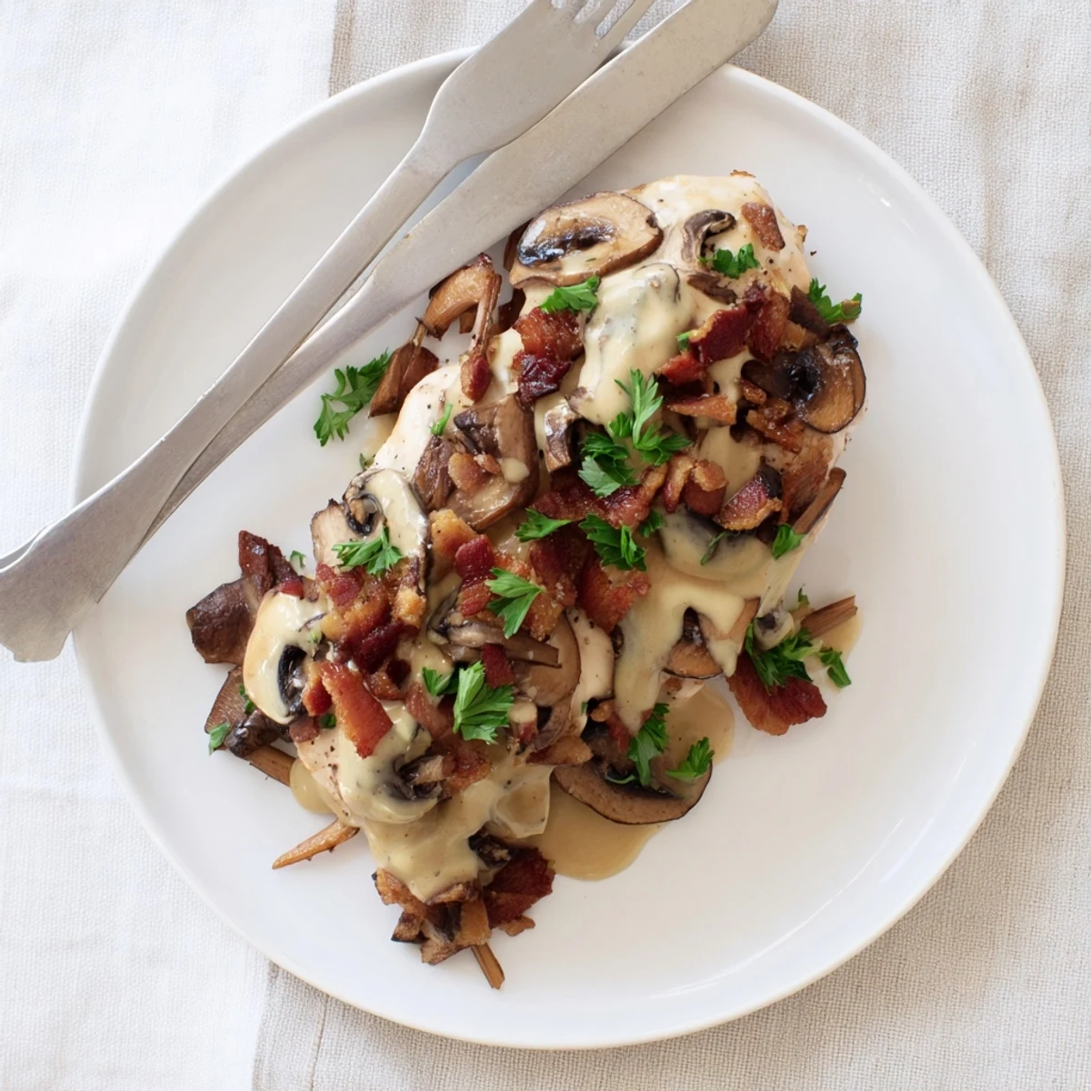 Honey mustard glazed chicken breast overflowing with savory mushrooms, bacon bits, and bubbling Colby Jack Monterey Jack cheese blend