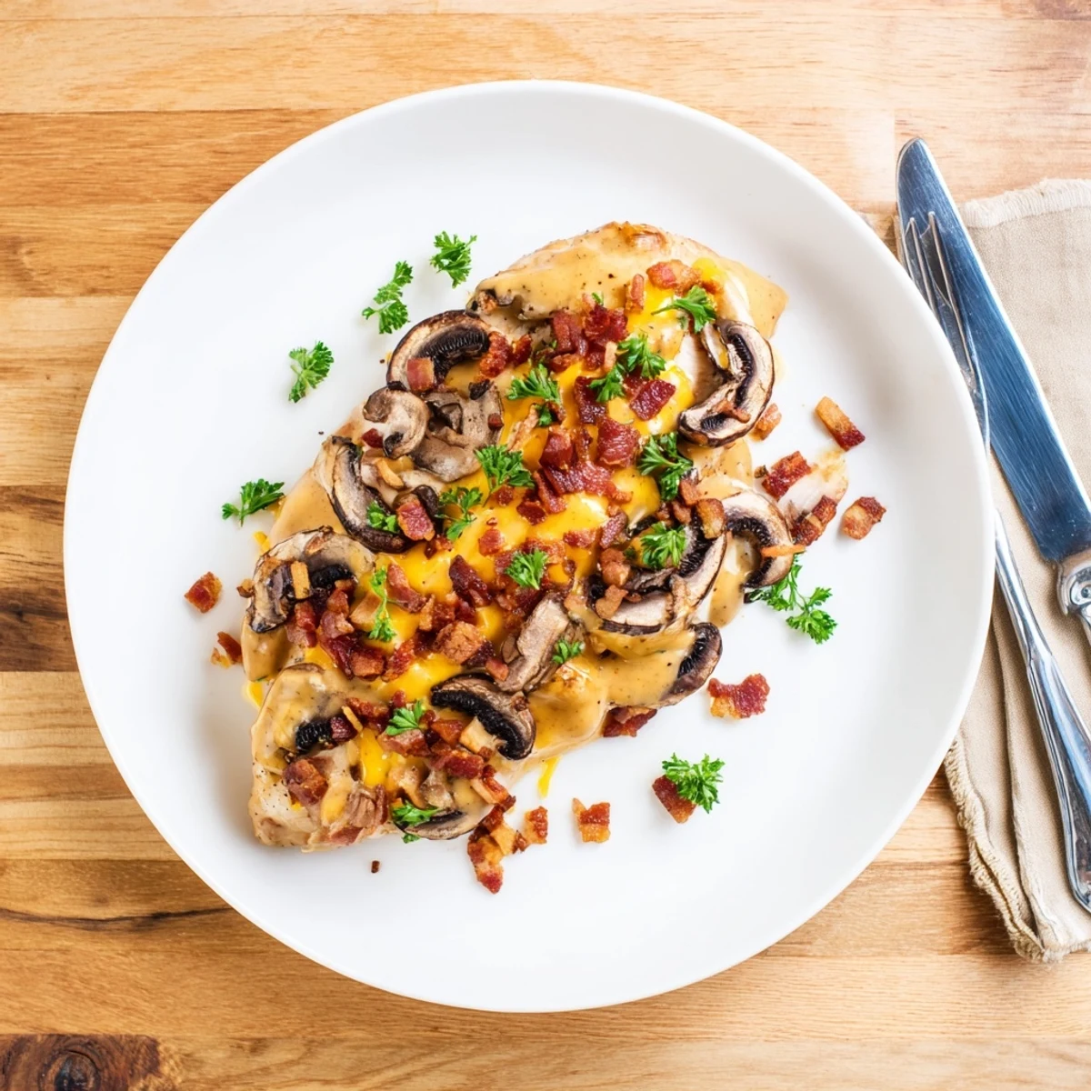 Outback style Alice Springs Chicken fresh from the oven featuring gooey cheese, golden mushrooms, and smoky bacon crumbles