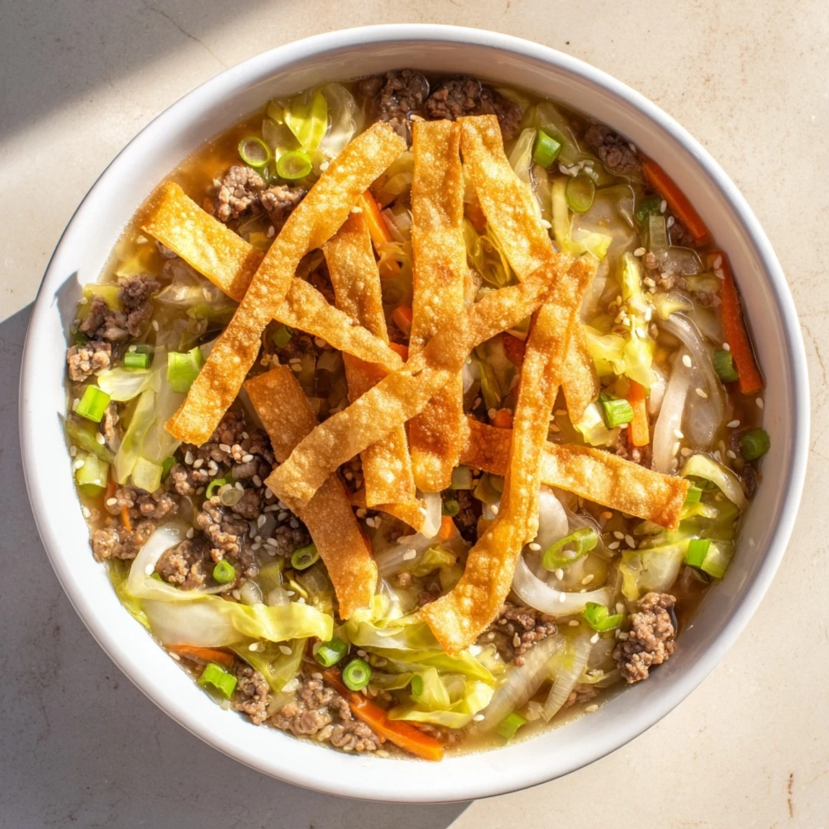 Savory beef egg roll soup featuring tender ground beef, crisp vegetables, and golden crispy egg roll strips in rich warming broth