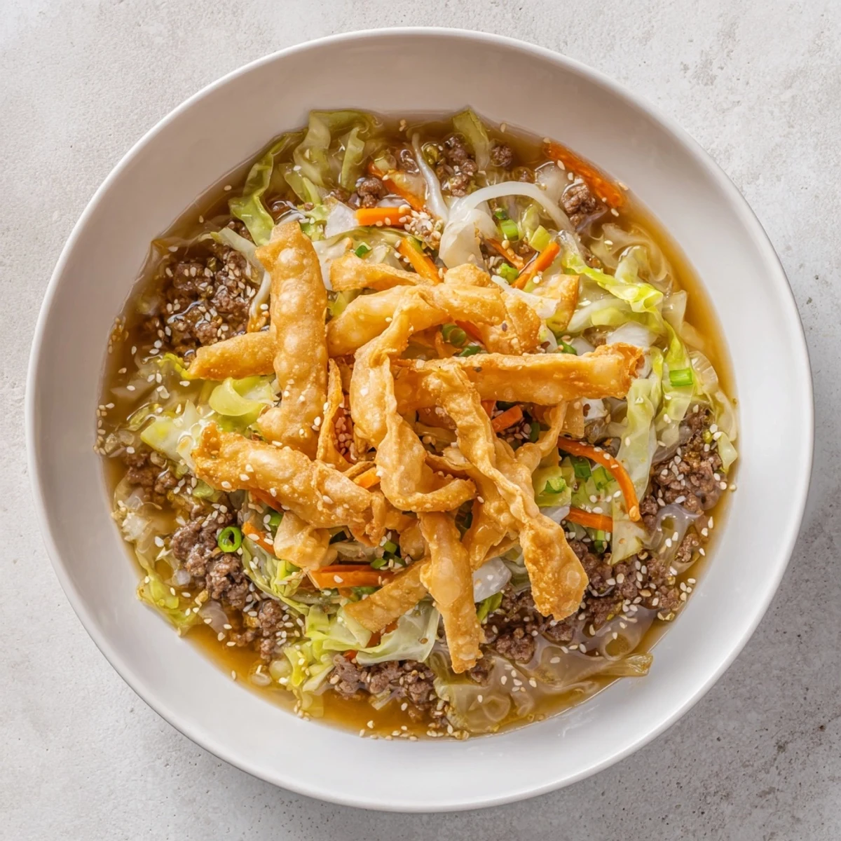Hearty beef egg roll soup bowl topped with crunchy fried wrappers, fresh green onions, and sesame seeds in aromatic Asian-spiced broth
