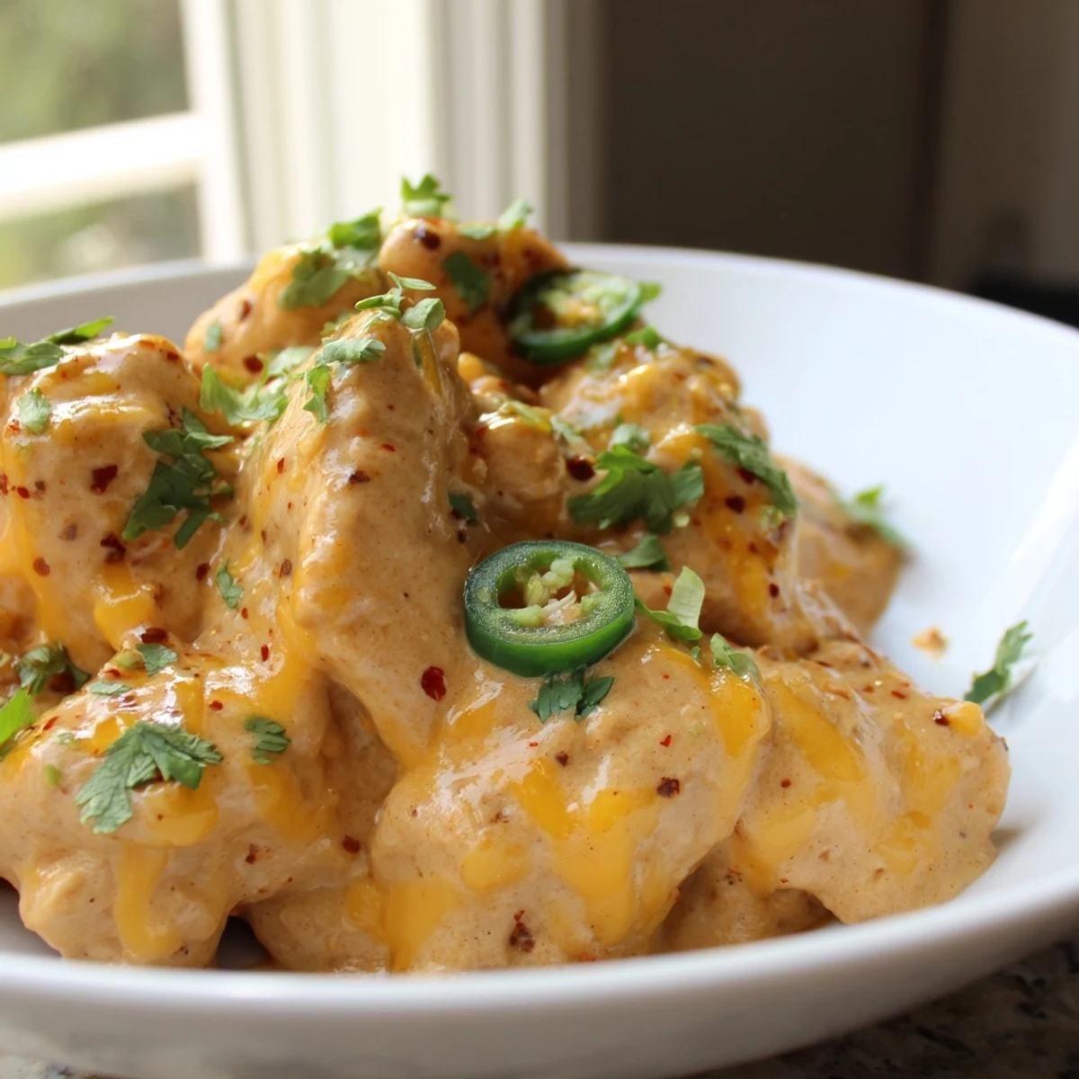 Golden baked queso chicken with melted cheddar sauce and fresh cilantro garnish
