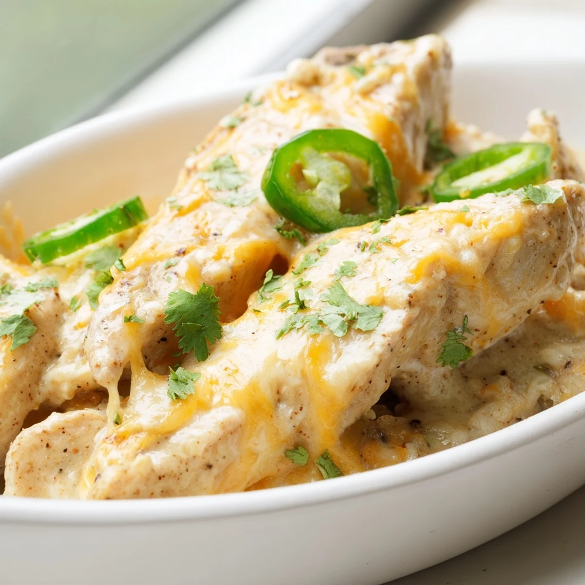 Juicy chicken breasts smothered in creamy Tex-Mex queso sauce with diced green chilies