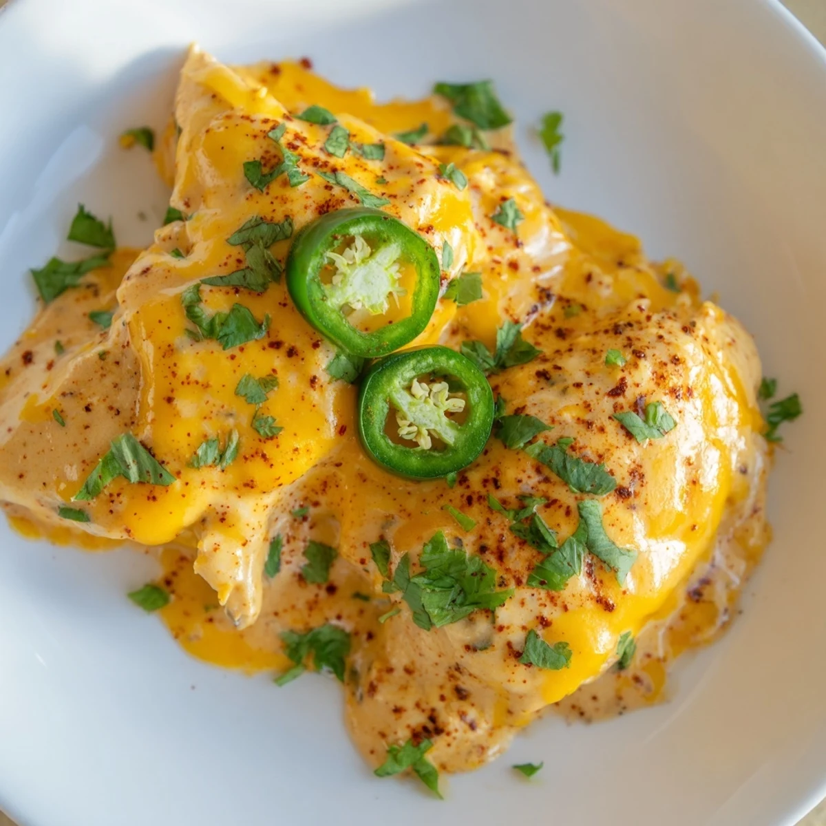 Spiced baked queso chicken drizzled with rich cheese sauce and sliced jalapeños
