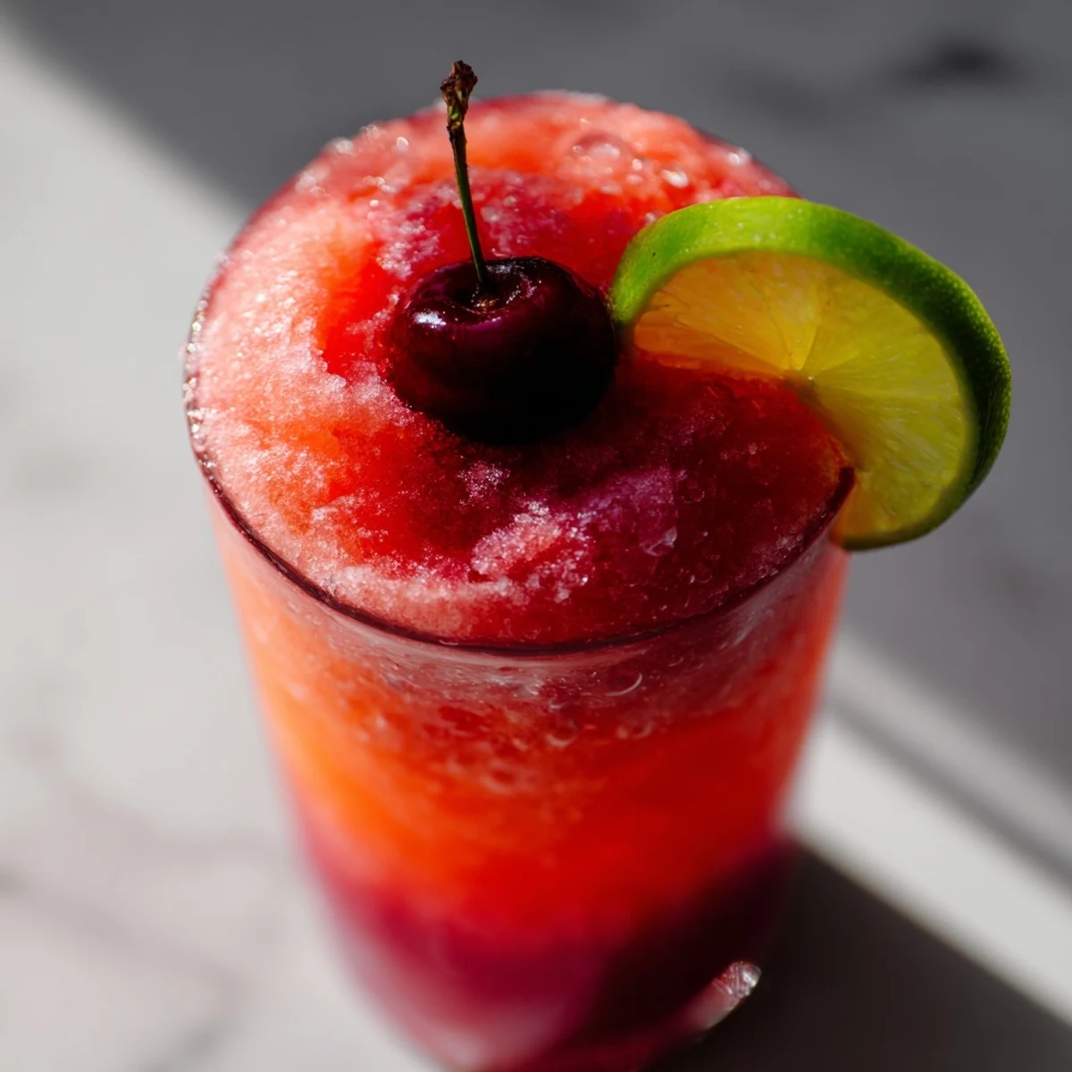 Glass of vibrant cherry lime sunrise slush topped with fresh cherries and lime wedge on a sunny patio