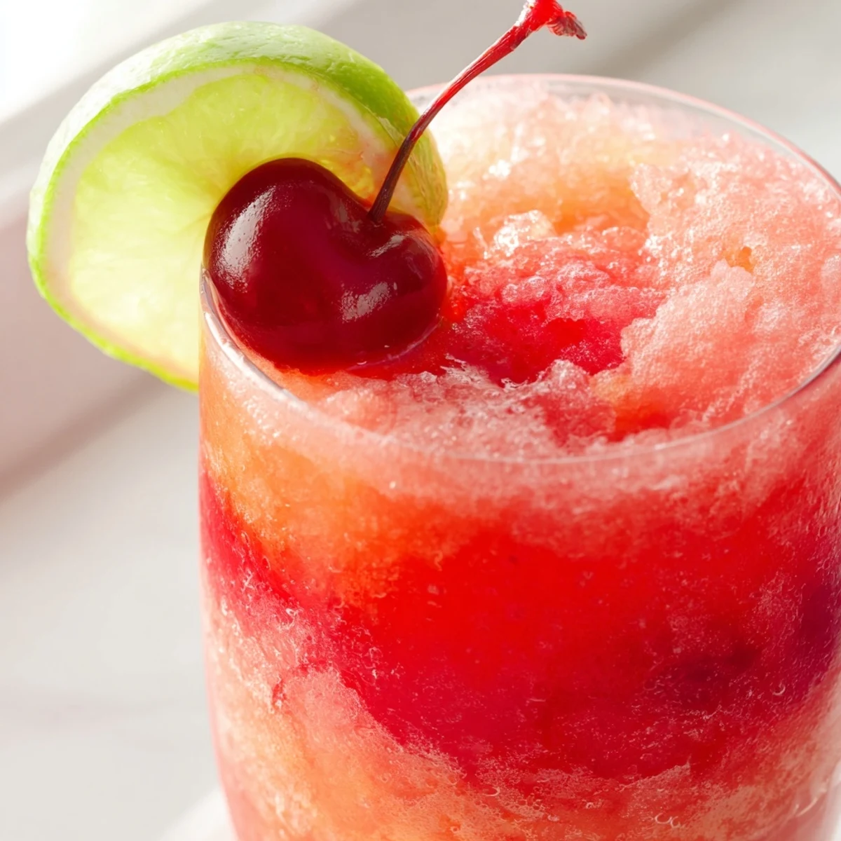 Refreshing cherry lime sunrise slush in a clear glass showing icy red layers with floating fruit pieces