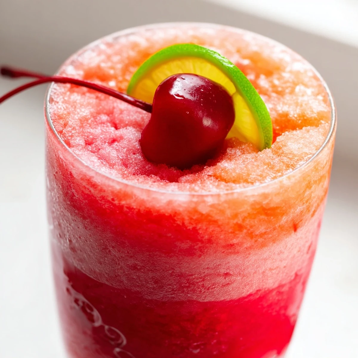 Tall chilled glass filled with cherry lime sunrise slush garnished with bright green lime wheel and whole cherries