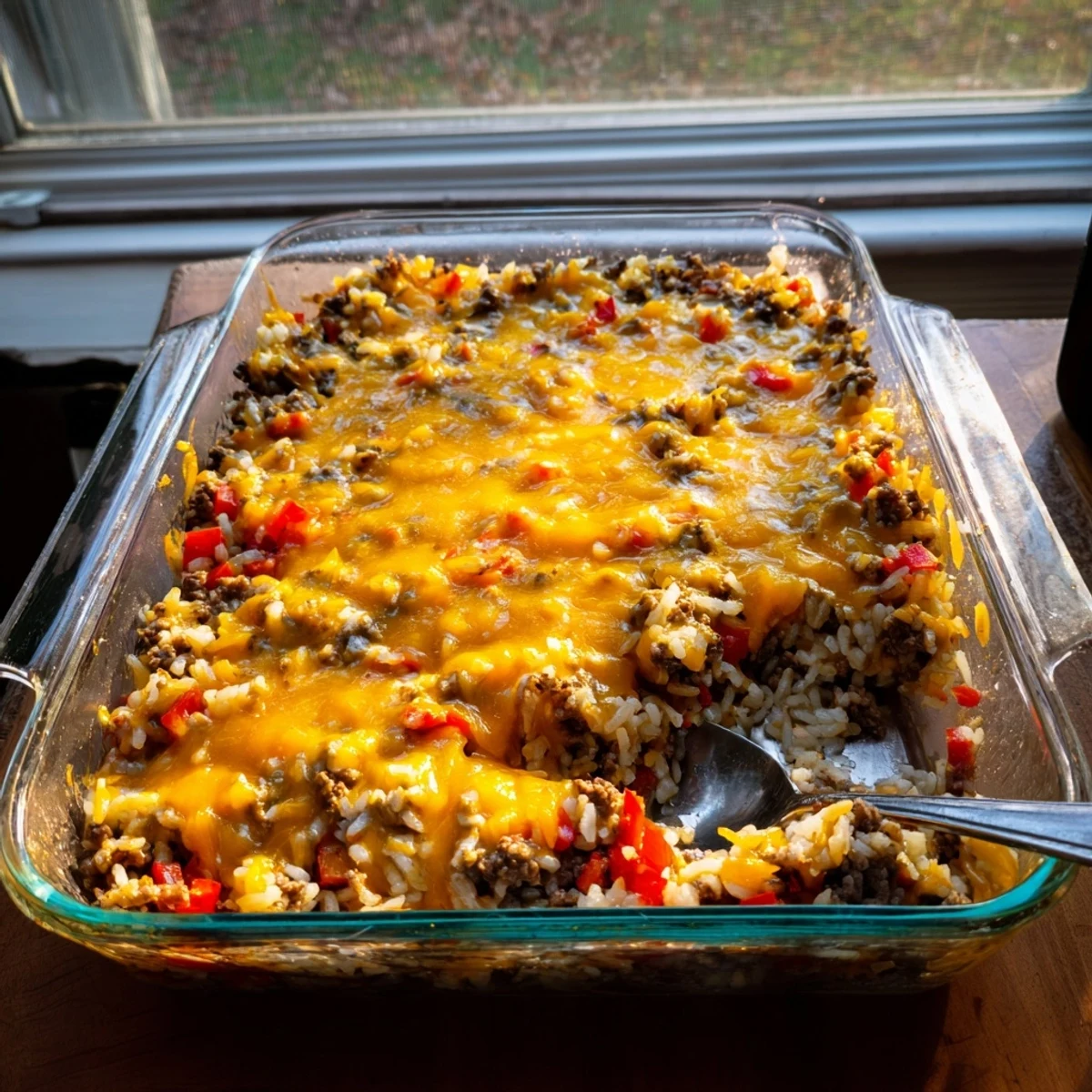Golden cheesy beef and rice delight casserole bubbling with melted cheddar and savory ground beef