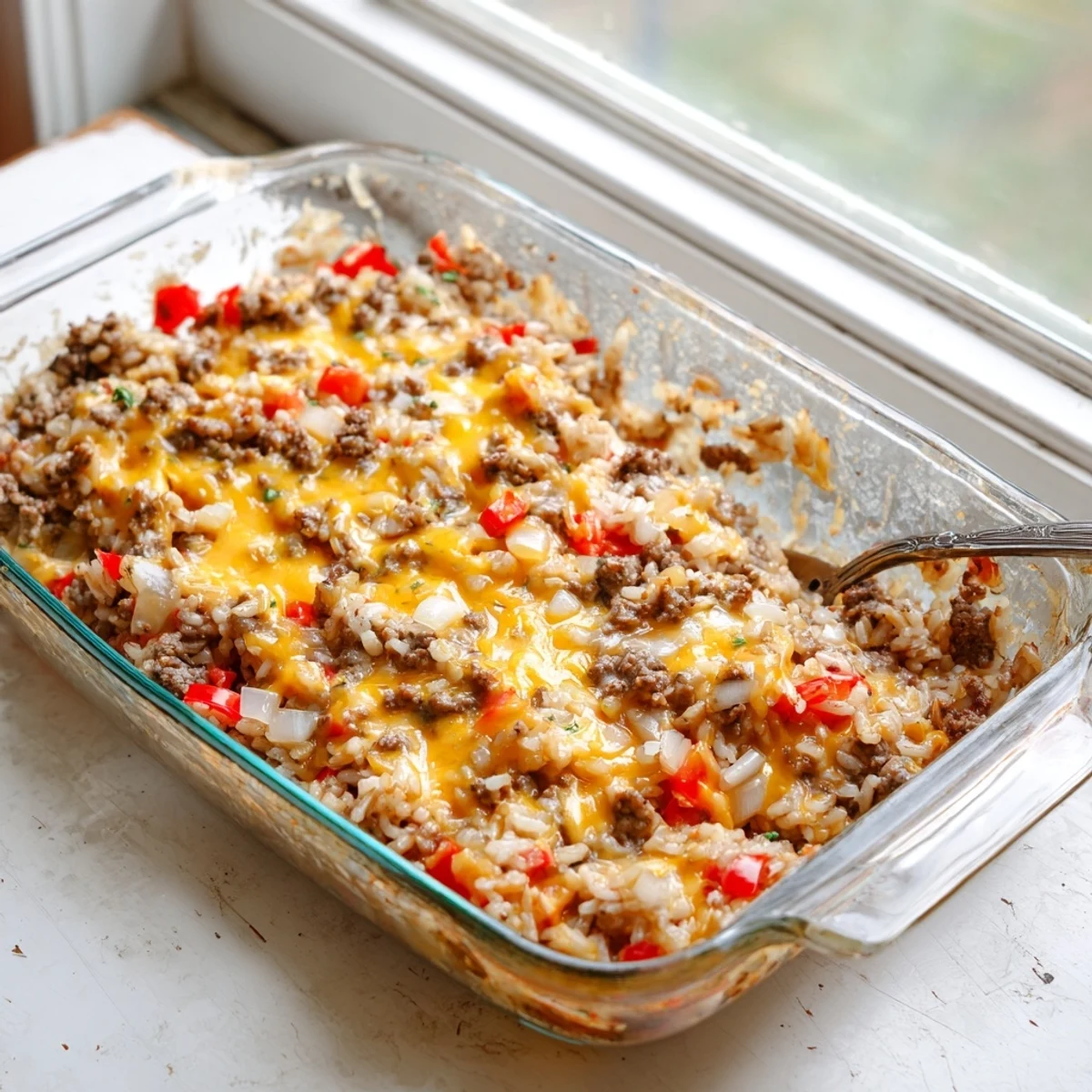 Baked cheesy beef and rice delight casserole topped with gooey cheese and fluffy tender rice