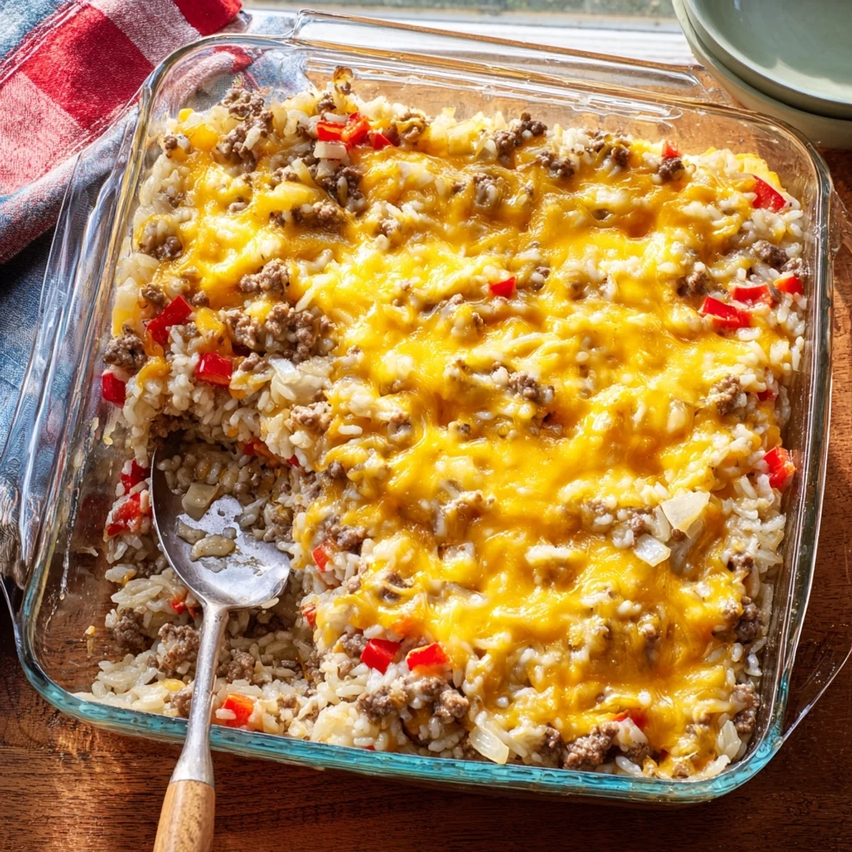 Comforting cheesy beef and rice delight casserole served steaming hot with golden bubbly cheese topping
