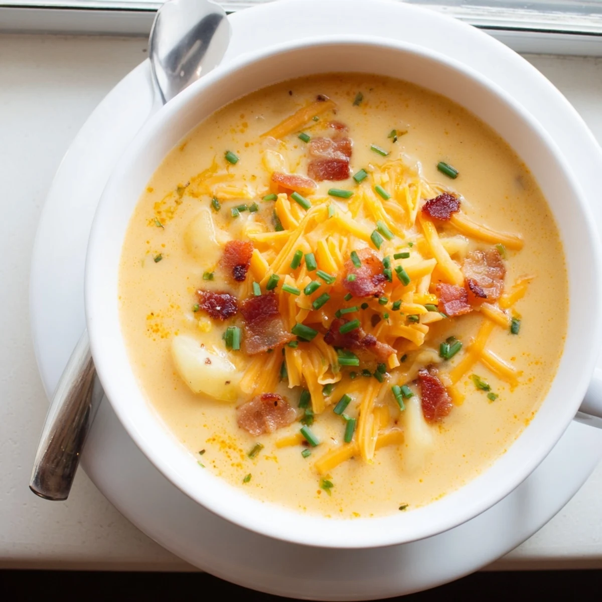 Creamy cheddar potato soup topped with crispy bacon bits and fresh green chives in a white bowl.