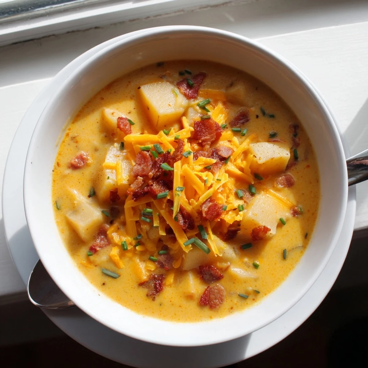 Steaming bowl of Outback-style potato soup loaded with sharp cheddar cheese and garnished with smoky bacon crumbles.