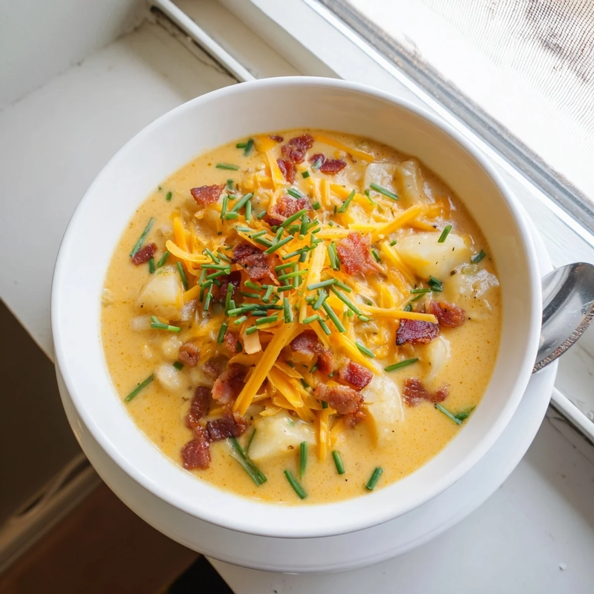 Velvety cheddar potato soup ladled into a rustic crock, sprinkled with chives and extra shredded cheese.