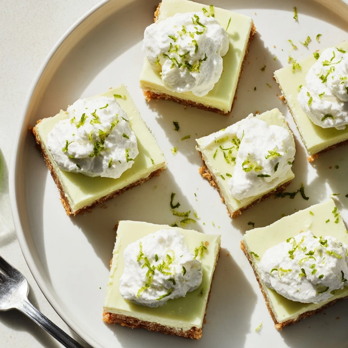 Creamy Key Lime Pie Bars with graham cracker crust topped with whipped cream and fresh lime zest garnish on a white plate
