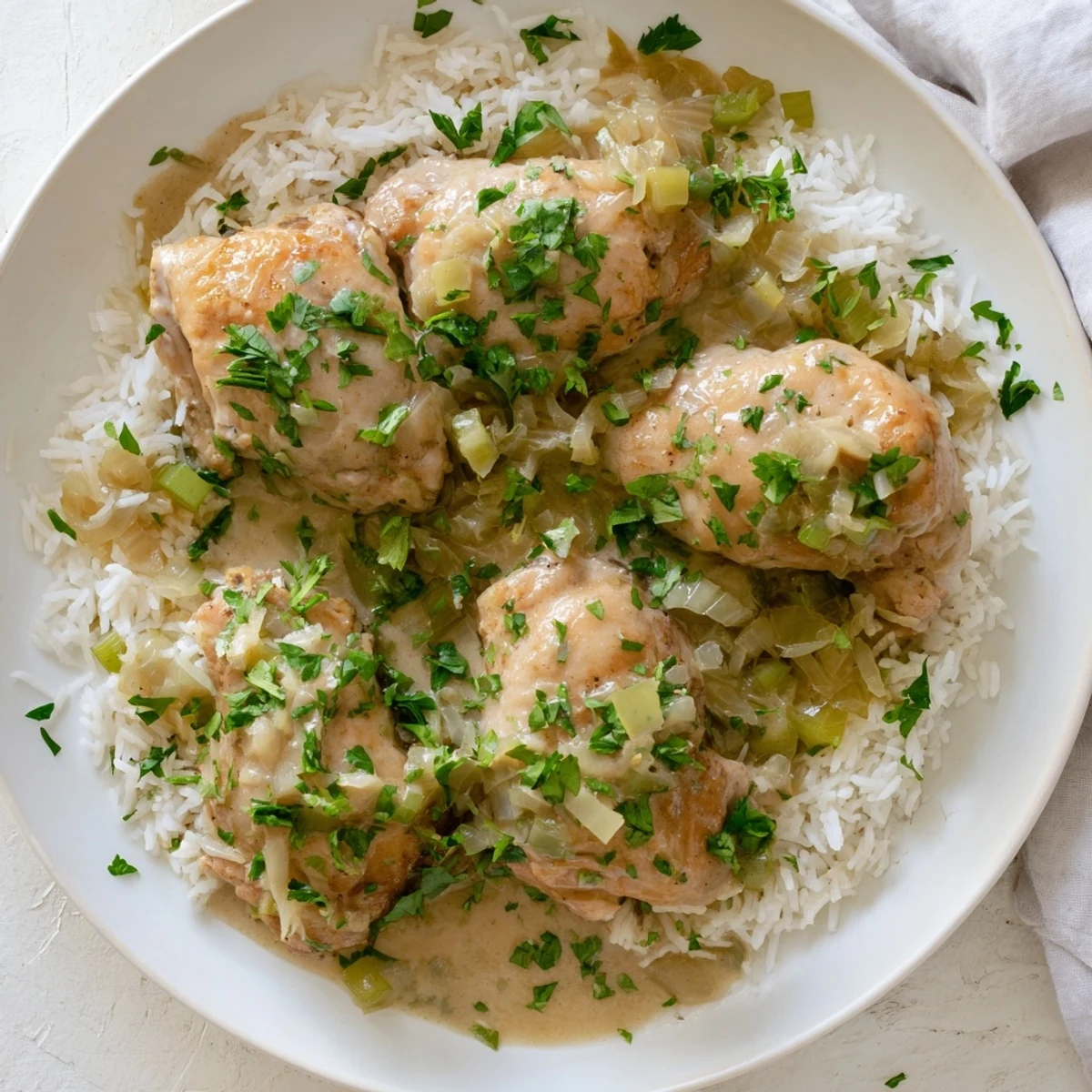 Golden smothered chicken and rice with creamy gravy and fresh parsley garnish
