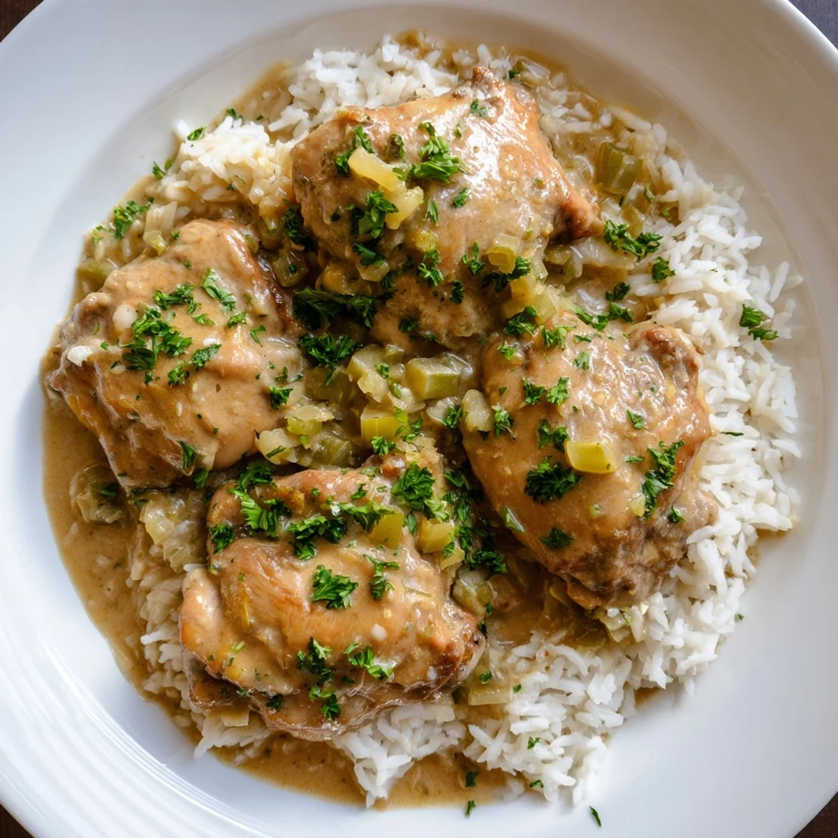 Southern-style smothered chicken and rice dish with savory sauce and aromatic vegetables