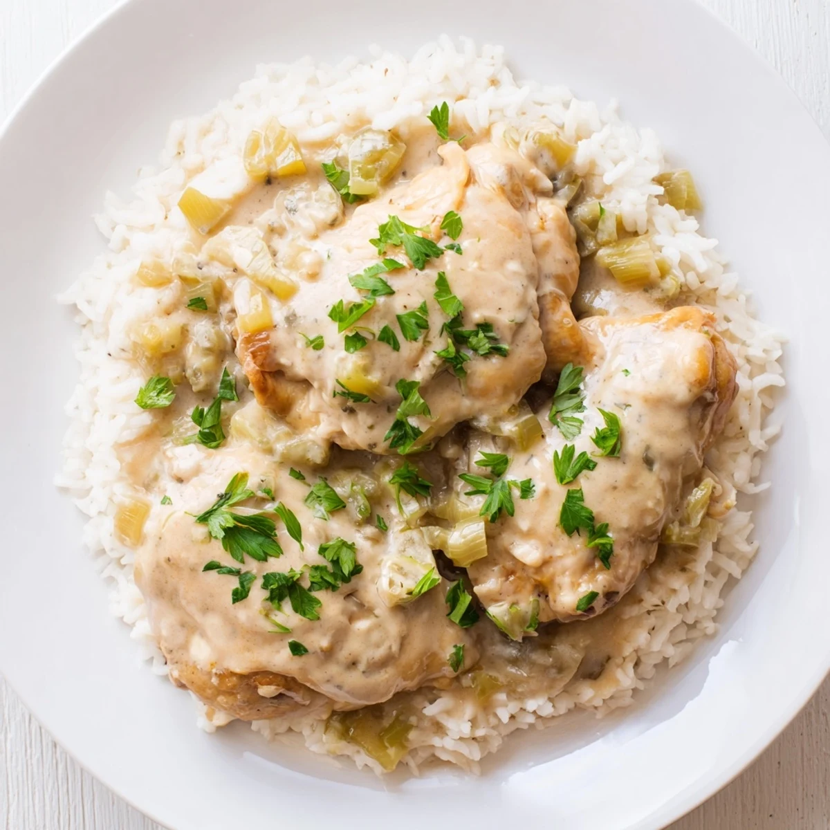 One pan smothered chicken and rice featuring tender thighs and fluffy white grains