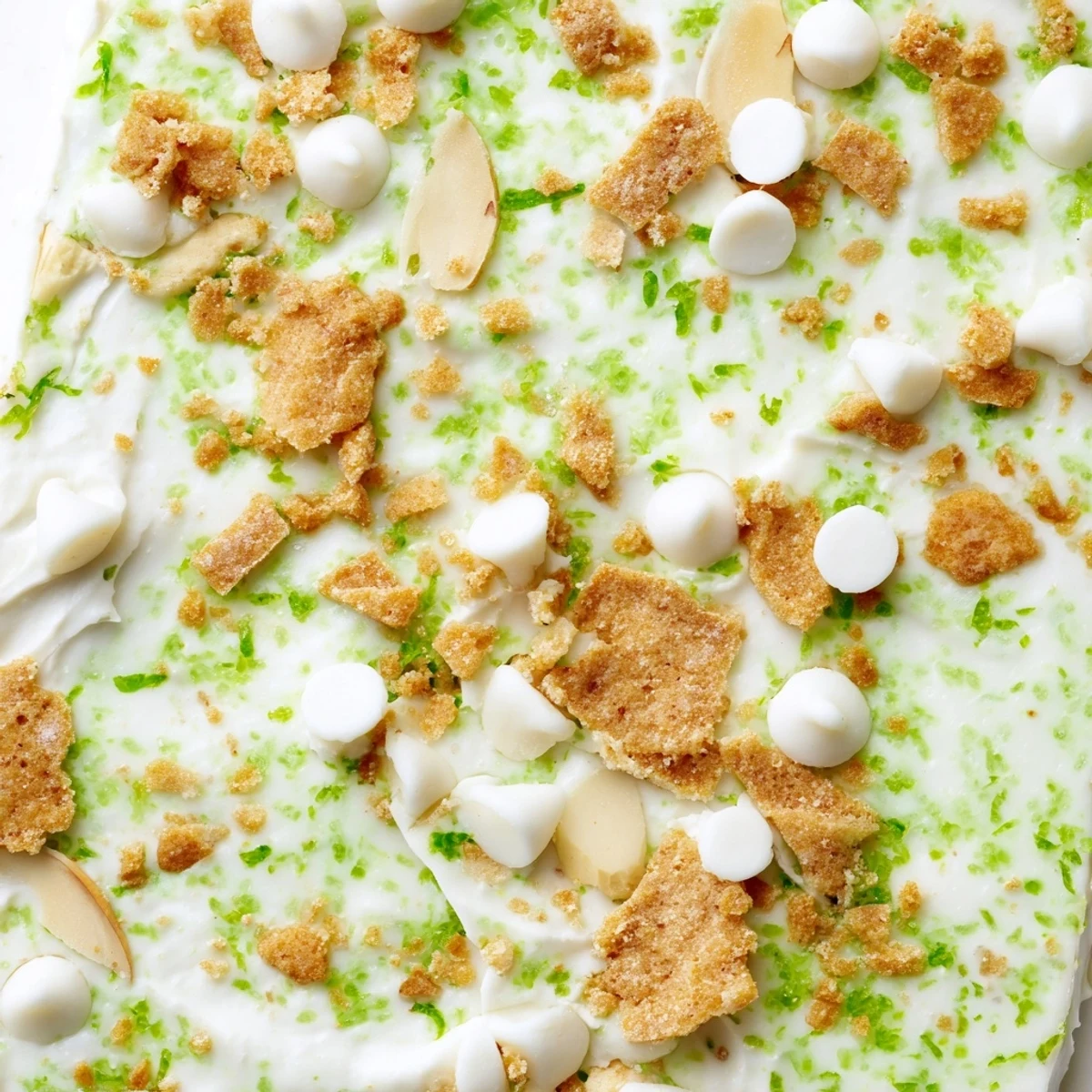 Creamy Key lime pie yogurt bark topped with graham crackers, white chocolate chips, and lime zest