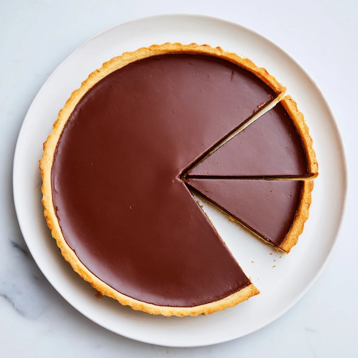French Chocolate Flan displayed on a white serving plate, showcasing its glossy dark chocolate custard filling and golden buttery tart crust
