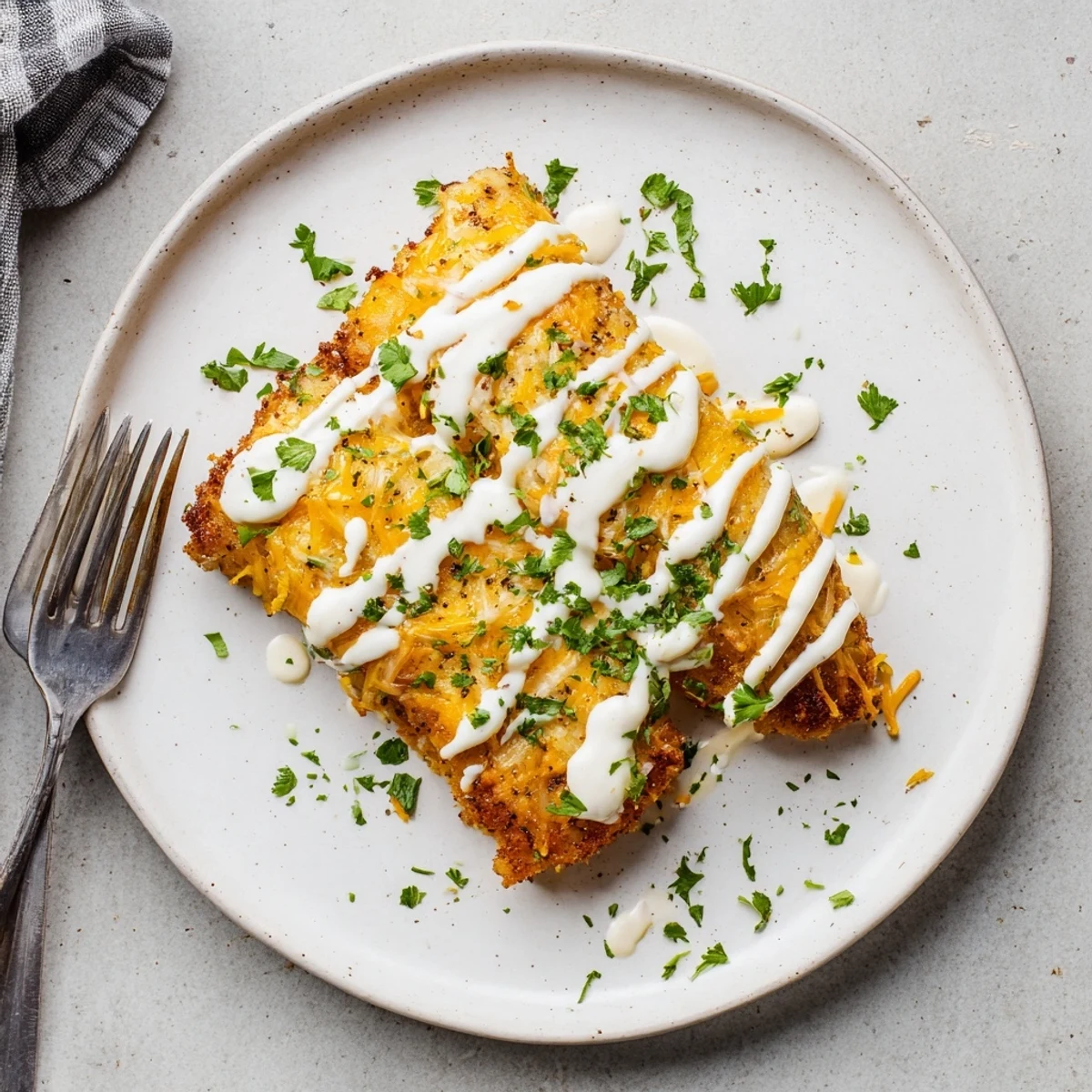 Golden brown Longhorn Steakhouse Parmesan Chicken with melted cheese and creamy ranch drizzle
