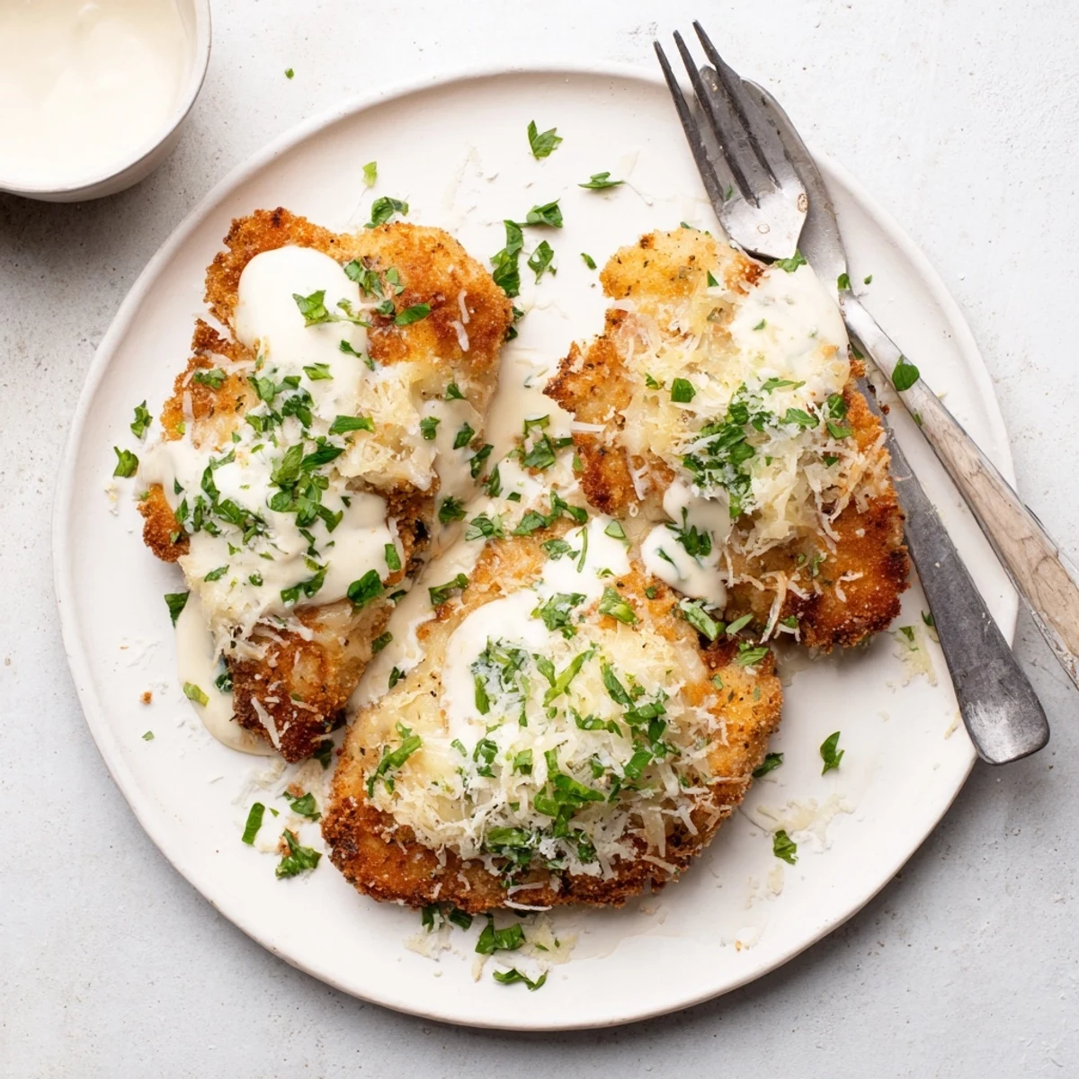 Crispy breaded chicken breast topped with bubbly Monterey Jack and shredded Parmesan cheese