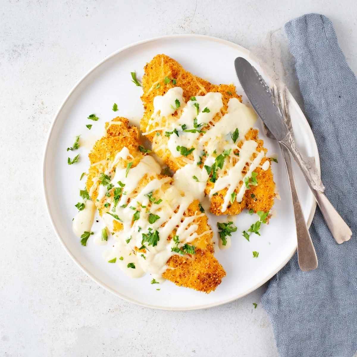 Juicy baked Parmesan chicken resting on white plate with golden melted cheese topping