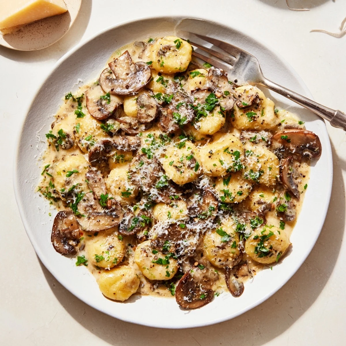 Golden brown mushroom gnocchi swimming in a rich white cream sauce with fresh parsley garnish