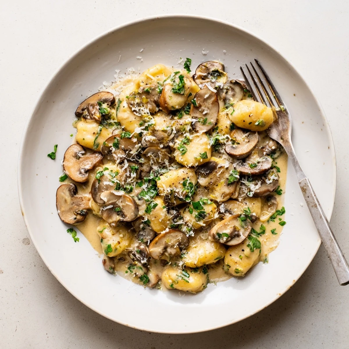Pillowy potato gnocchi tossed with sautéed cremini mushrooms in a velvety Parmesan cream sauce