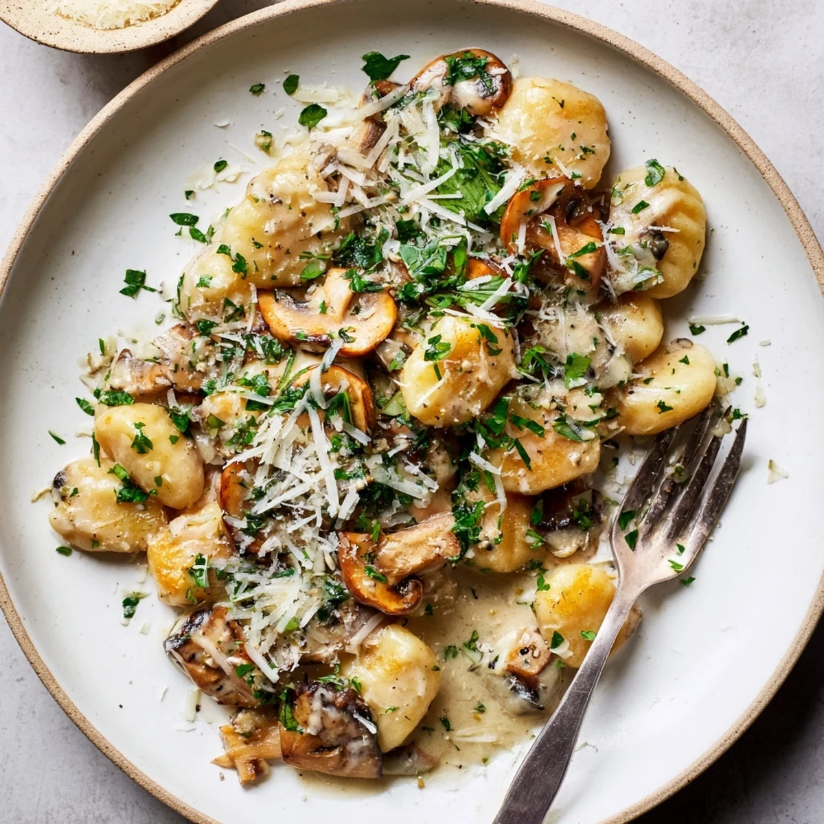 Comforting bowl of Italian mushroom gnocchi coated in a thick creamy white sauce with cheese shavings