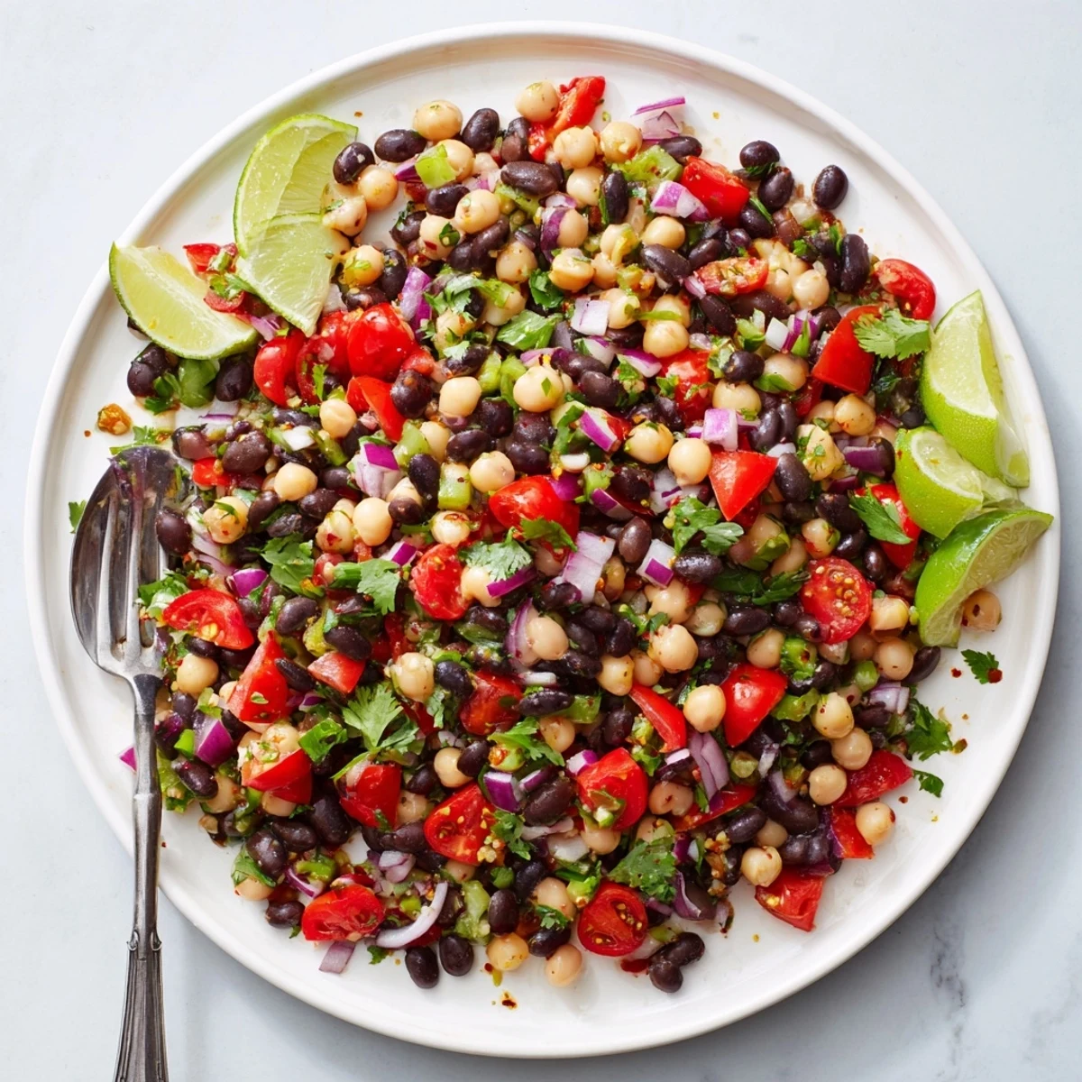 Zesty cilantro lime bean salad plated with lime wedges and extra chopped cilantro garnish for a refreshing lunch