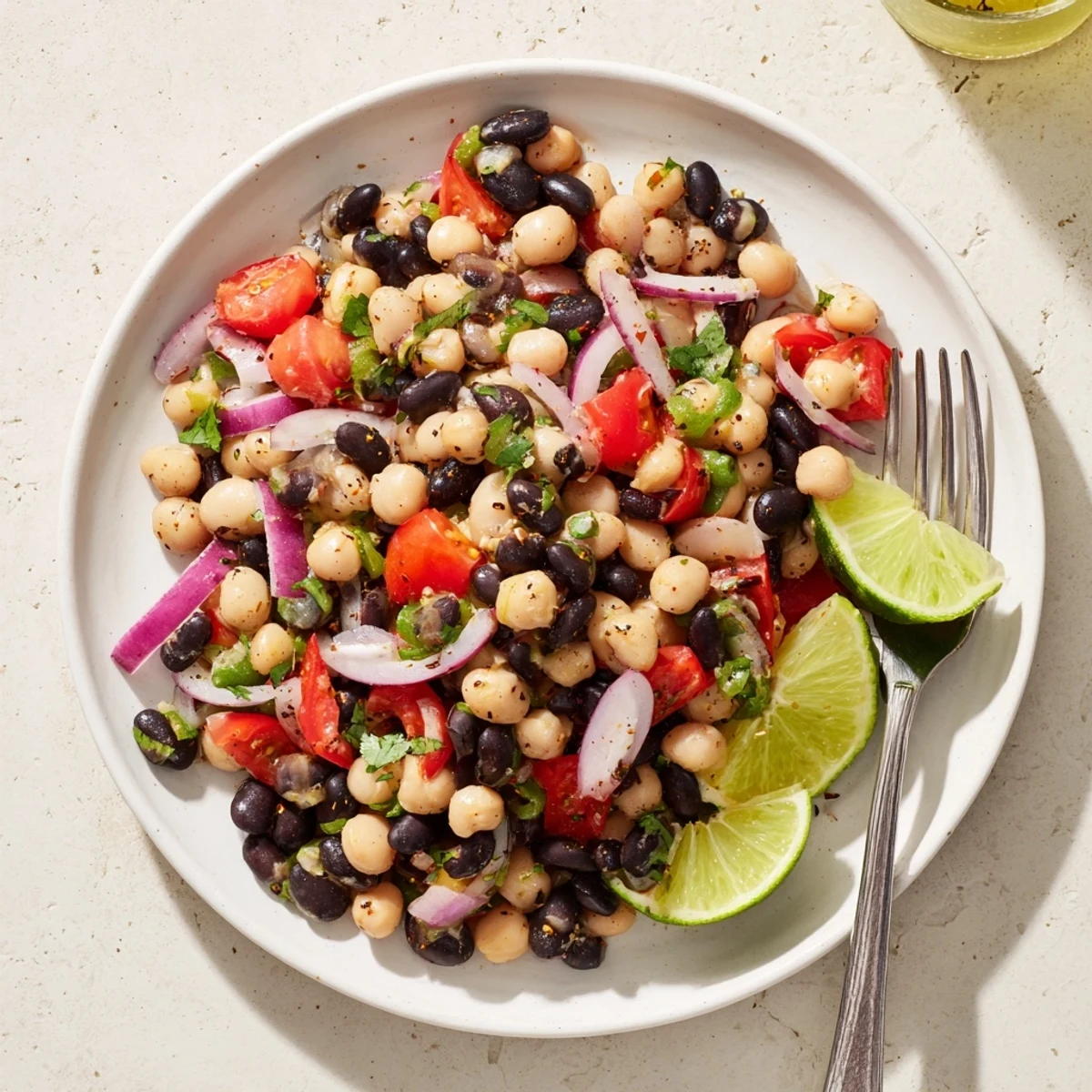 Fresh cilantro lime bean salad featuring three types of beans tossed with zesty lime dressing and vibrant vegetables