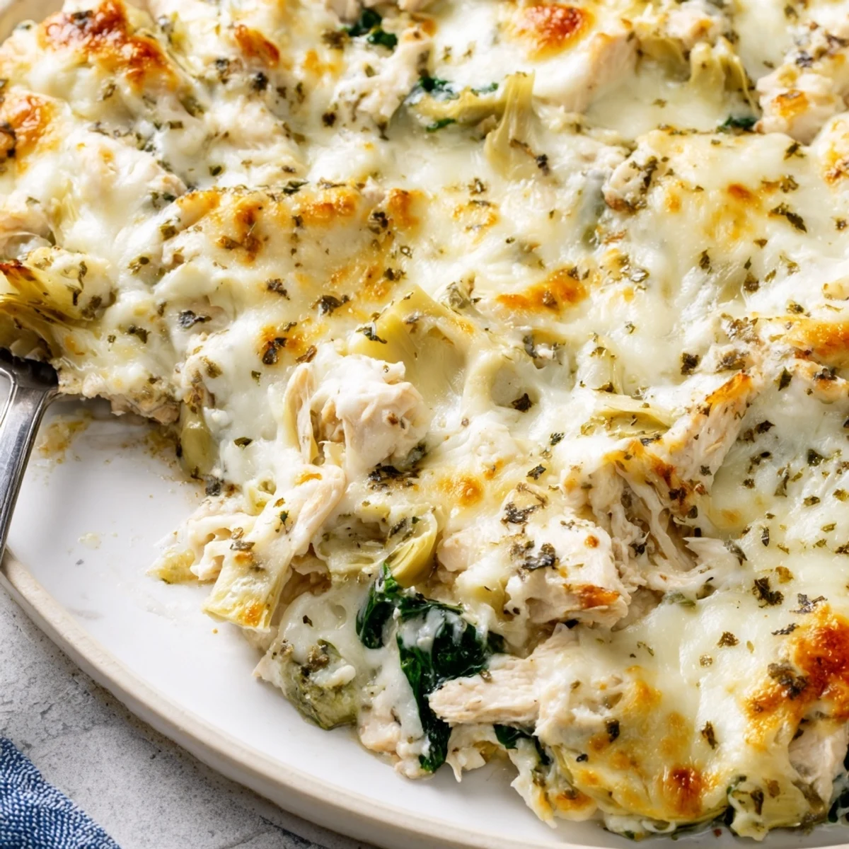 Creamy spinach artichoke chicken casserole served bubbling hot with tender shredded chicken pieces throughout